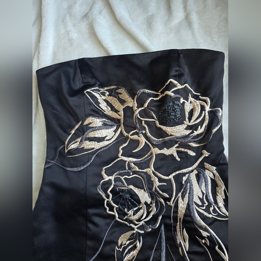 White House Black Market Strapless Black Dress with Gold Floral Design - Picture 2 of 14